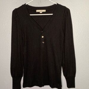 Loft Black Ribbed Button Front Vneck Sweater Size XS